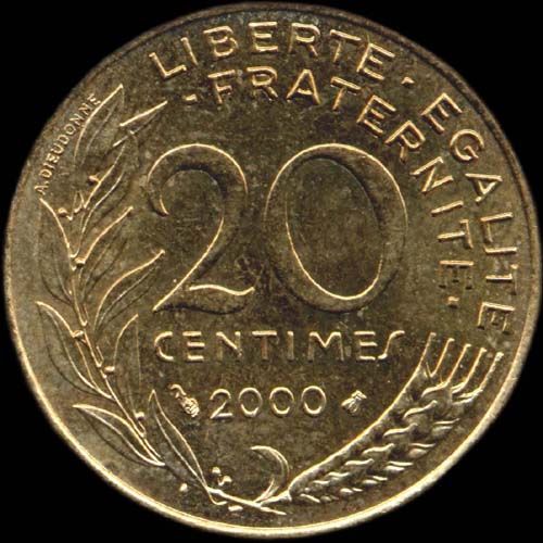 Pi�ce de 20 centimes 2000 avec espace normal en plan large
