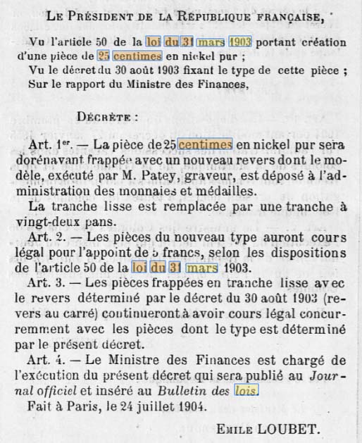Le Journal Officiel du 24 juillet 1904 modifie la loi du 31 mars 1903