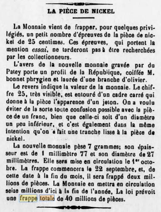 Le Publicateur du Finist�re du 25 septembre 1903 indique une frappe totale de 40 000 000 de pi�ces