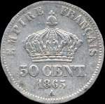 Pièce de 50 centimes Napoléon III Empereur tête laurée - 1865A - revers
