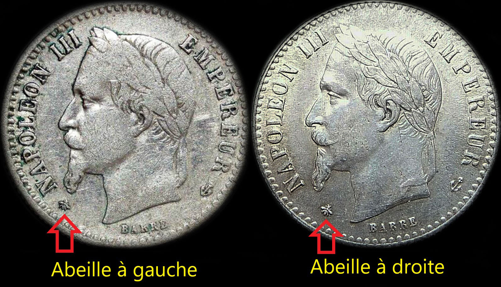 Variante emplacement du différent sur 50 centimes Napoléon III tête laurée