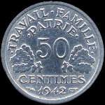 Pi�ce de 50 centimes Bazor Etat fran�ais - Travail Famille Patrie - 1942 - revers