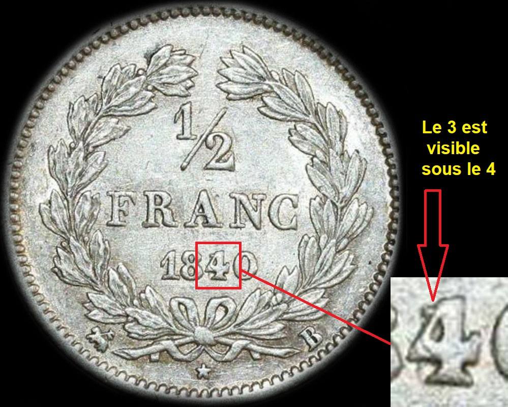 Variante 4 sur 3 sur 1/2 franc Louis-Philippe I 1840B