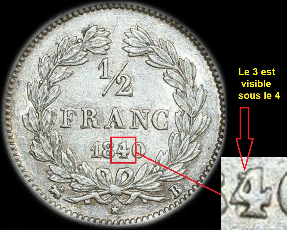 Variante 4 sur 3 sur &frac12; franc Louis-Philippe I 1840B