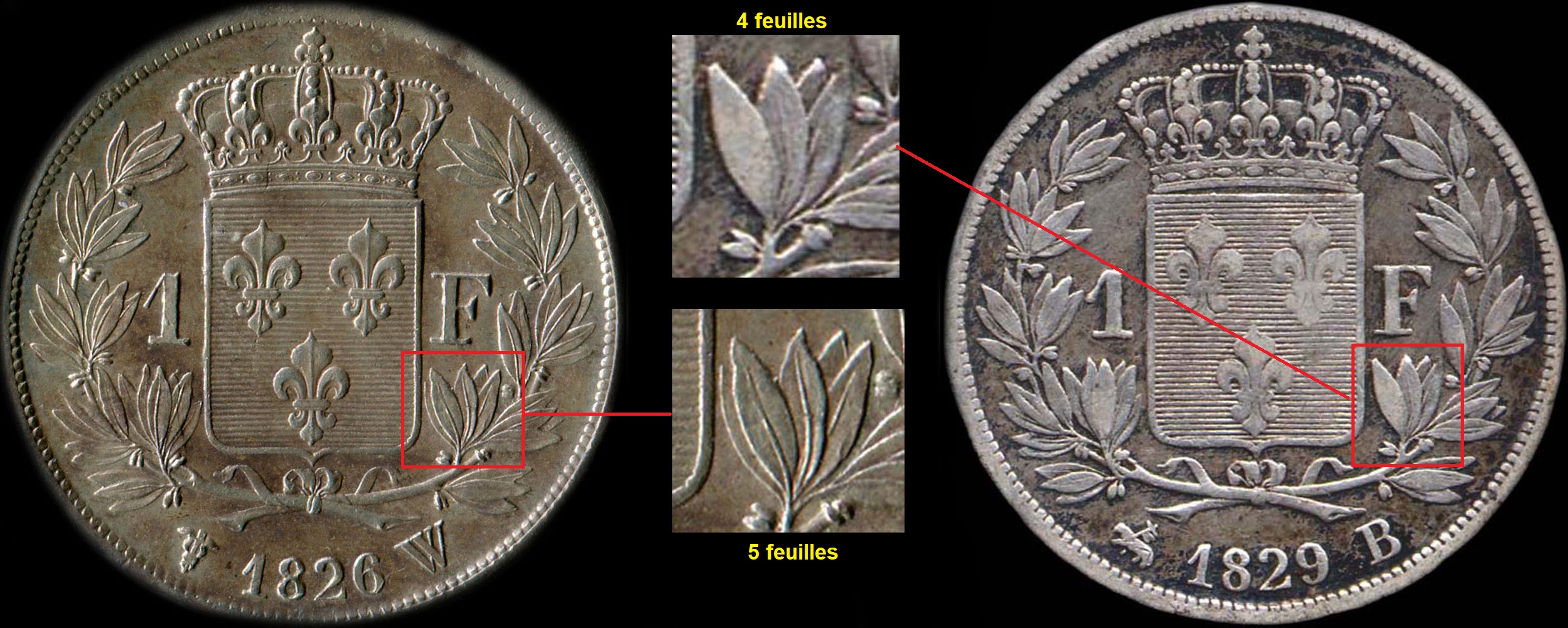 Variante 4 ou 5 feuilles sur 1 franc Charles X