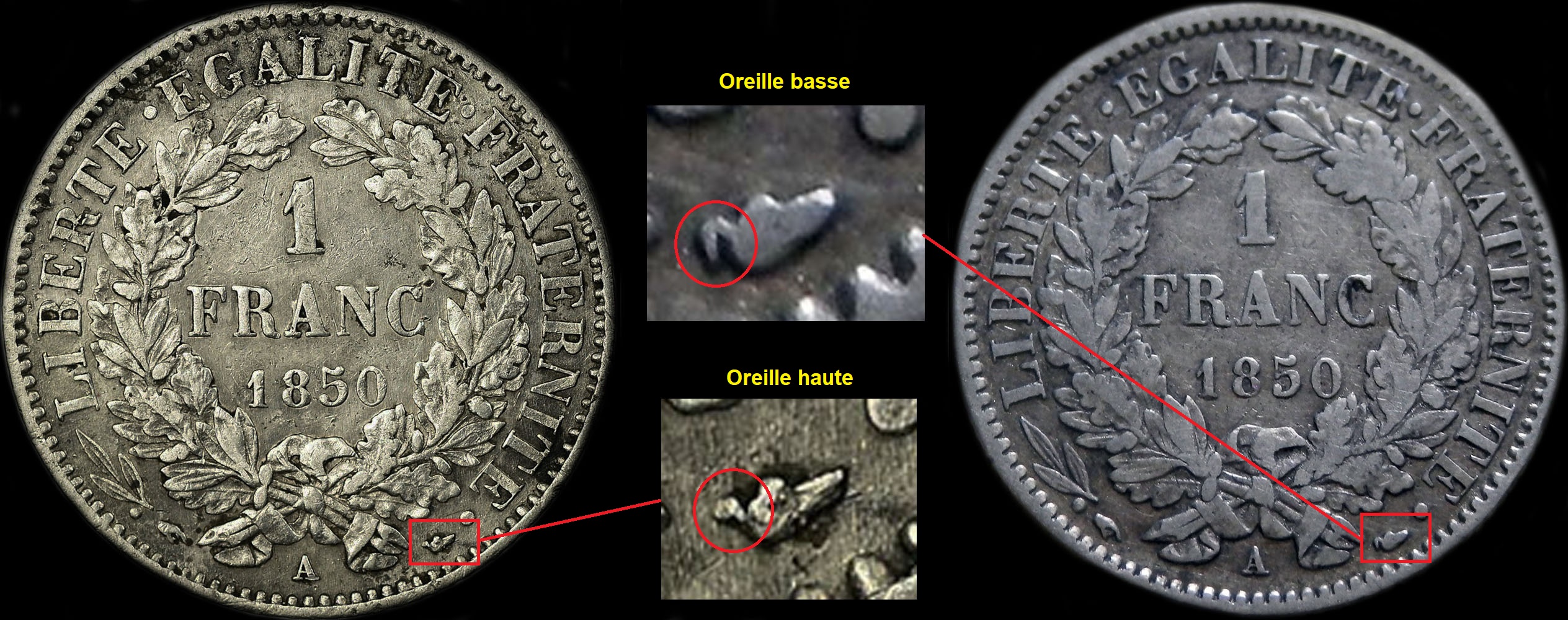 Variante oreille haute ou oreille basse sur 1 franc C�r�s 1850