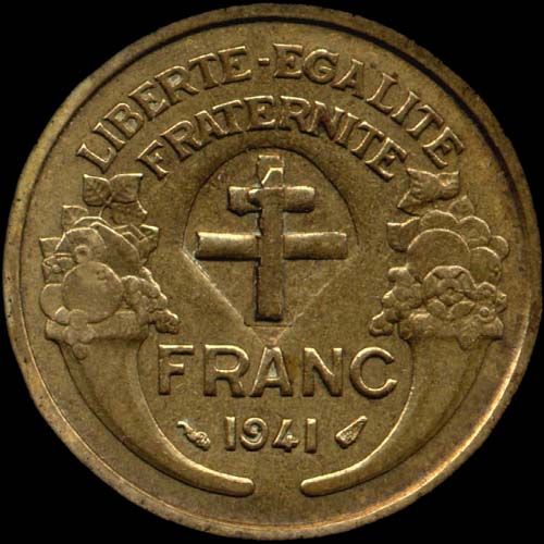 1 franc Morlon 1941 avec surfrappe Croix de Lorraine entourée d'un parachute - revers