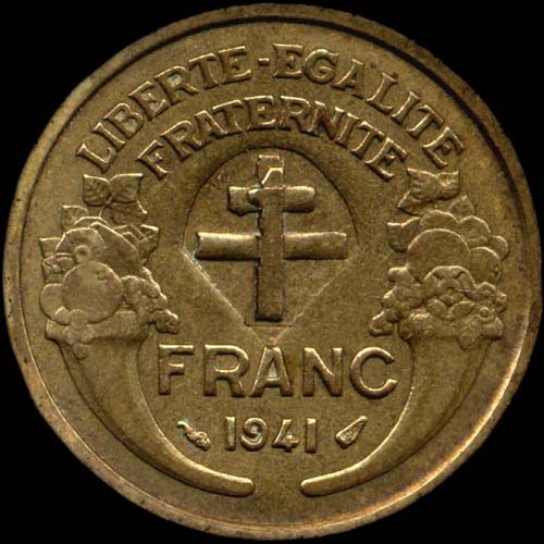 1 franc Morlon 1941 avec surfrappe Croix de Lorraine entour�e d'un parachute - revers
