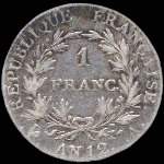 Pièce de 1 franc Bonaparte Premier Consul - République française - 1812A - revers