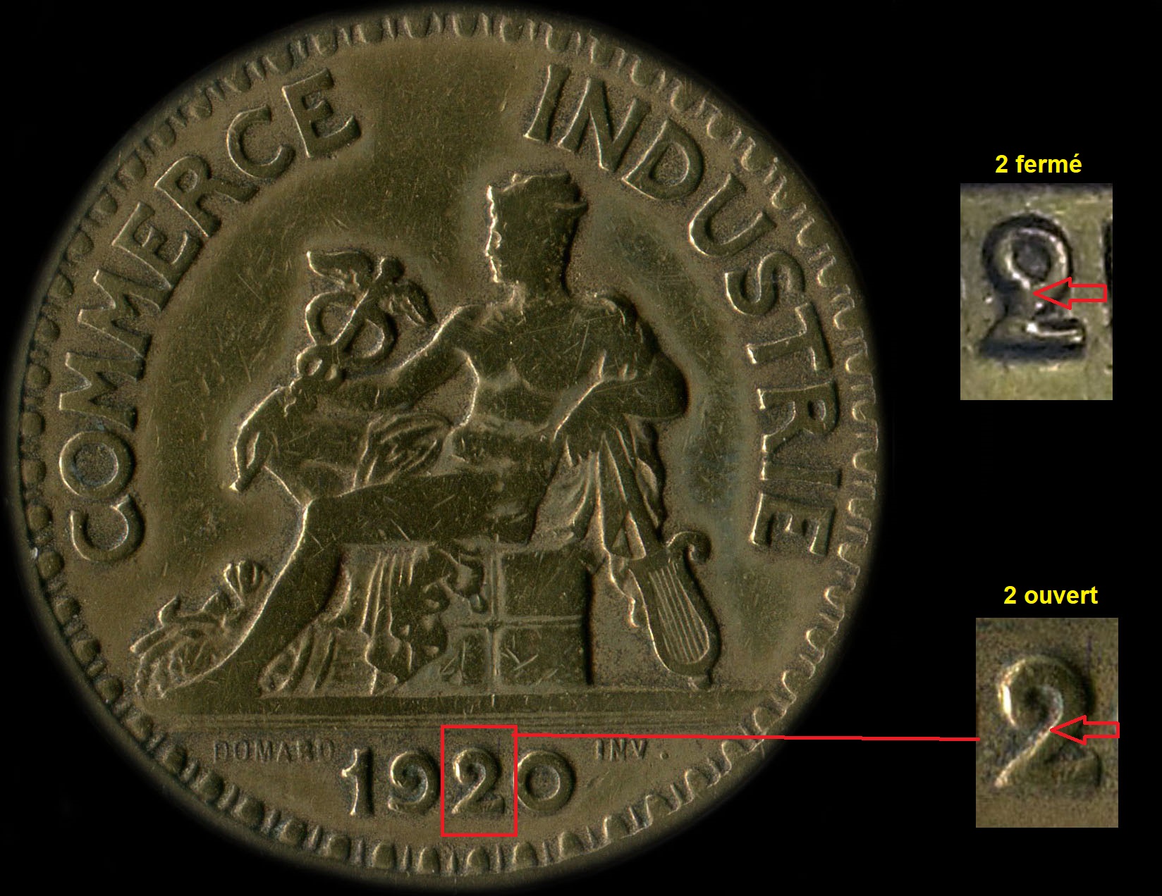 Variante 2 ouvert ou 2 ferm sur 2 francs 1920