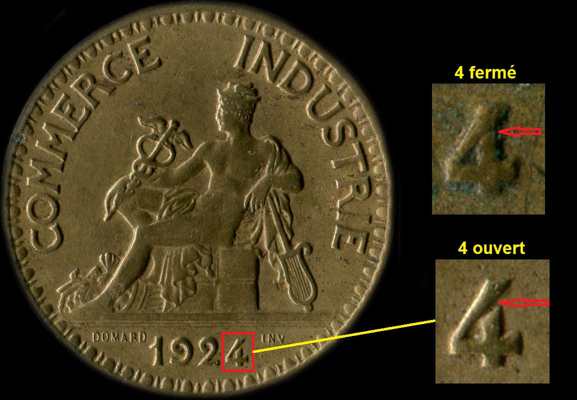 Variante 4 ouvert ou 4 ferm sur 2 francs 1924