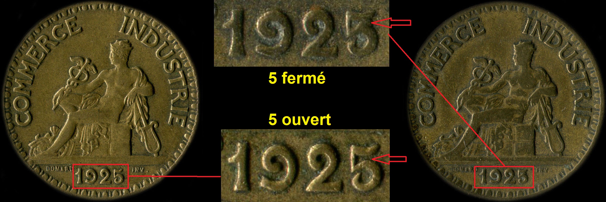 Variante 5 ouvert ou 5 fermé sur 2 francs 1925