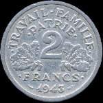 Pièce de 2 francs Bazor 1943 - Etat français - Travail Famille Patrie - revers
