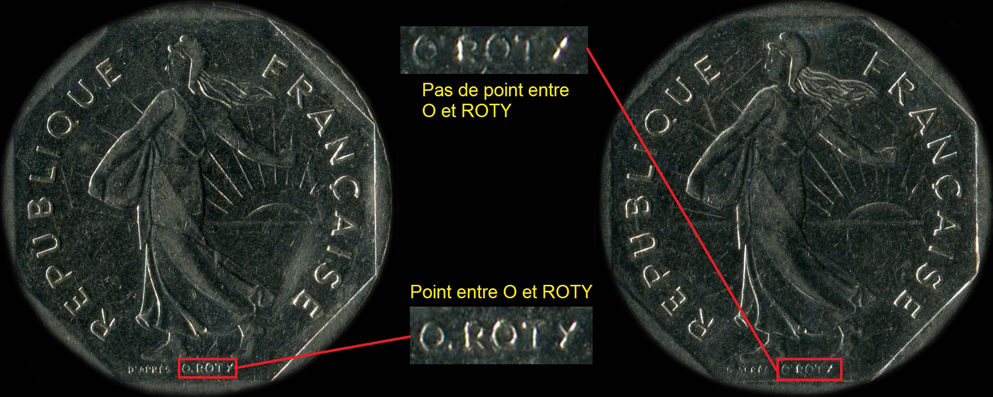 Variante avec ou sans point entre O et ROTY sur 2 francs Semeuse