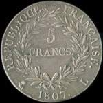 Pièce de 5 francs Napoléon Empereur 1807L - revers