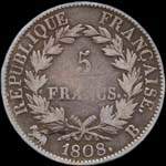 Pièce de 5 francs Napoléon Empereur tête laurée 1808B - République française - revers