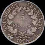 Pi�ce de 5 francs Napol�on Empereur t�te laur�e 1808B - R�publique fran�aise - revers
