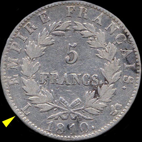 Variante avec lettre à gauche de 5 francs Napoléon 1er 1810 L