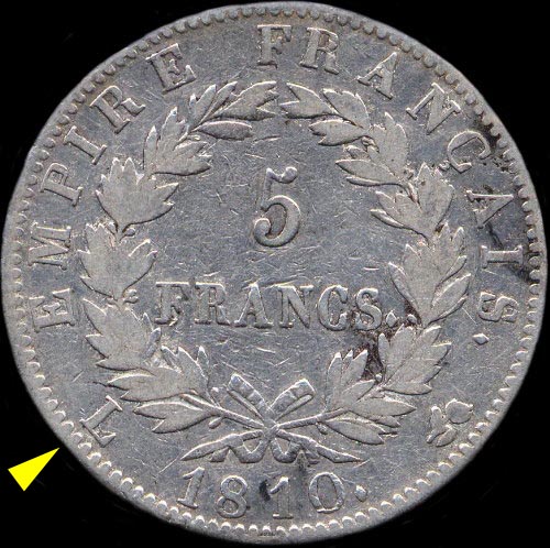 Variante avec lettre � gauche de 5 francs Napol�on 1er 1810 L