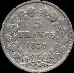 Pièce de 5 francs Louis-Philippe I Roi des français tête laurée 1837B - revers