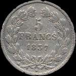 Pi�ce de 5 francs Louis-Philippe I Roi des fran�ais t�te laur�e 1837B - revers