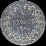 Pièce de 5 francs Louis-Philippe I Roi des français tête laurée 1845W - revers