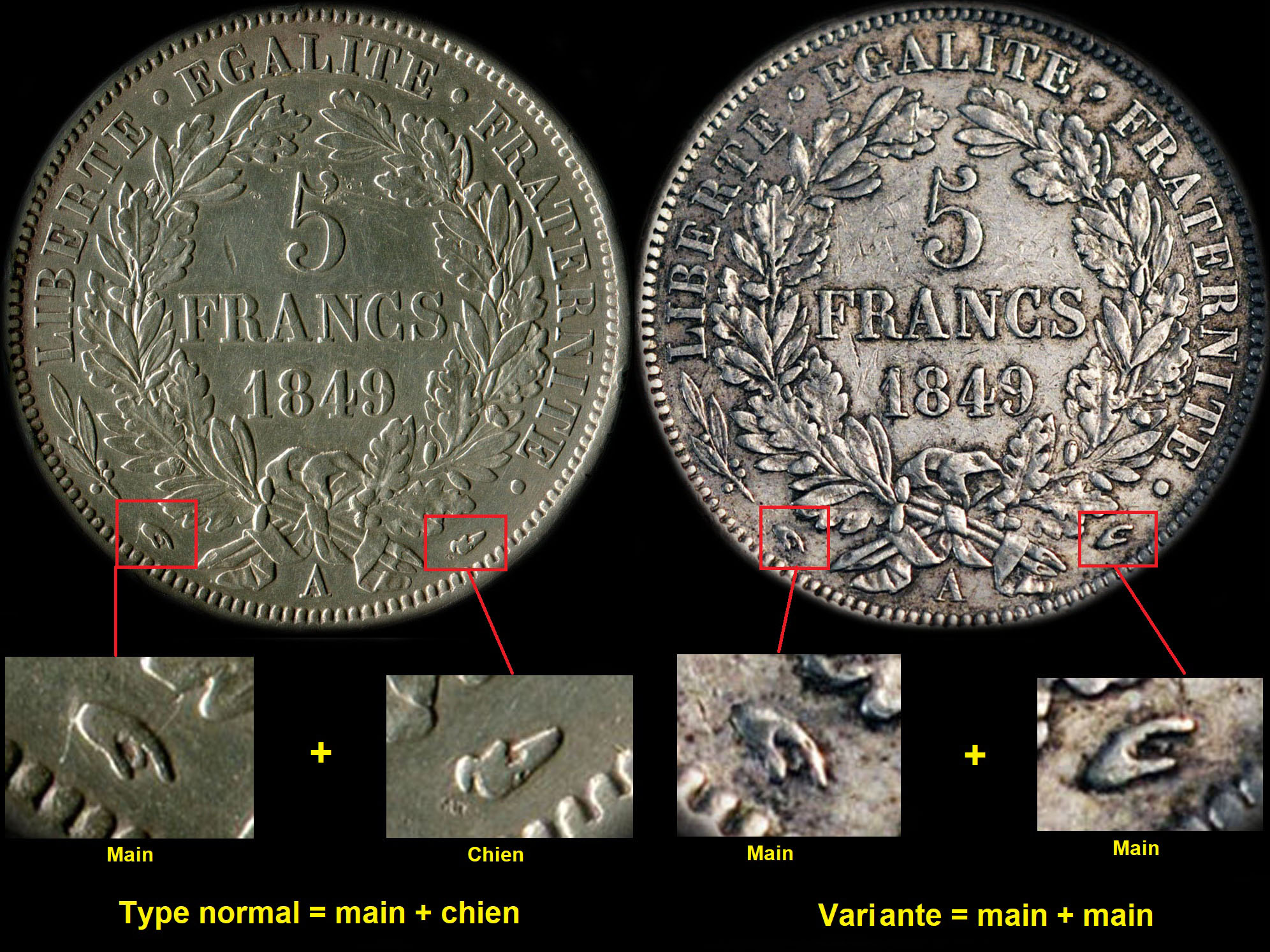 Variante main + main au lieu de main + chien sur 5 francs C�r�s 1849A