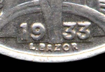 Variante avec signature rapprochée de la pièce de 5 francs Bazor 1933