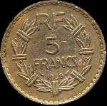 Pièce de 5 francs Lavrillier bronze-aluminium 1939 - République française - revers