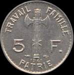 Pièce de 5 francs Philippe Pétain Maréchal de France - Chef de l'Etat 1941 - Travail Famille Patrie - revers