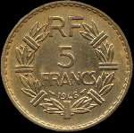 Pièce de 5 francs Lavrillier bronze-aluminium 1946 - République française - revers