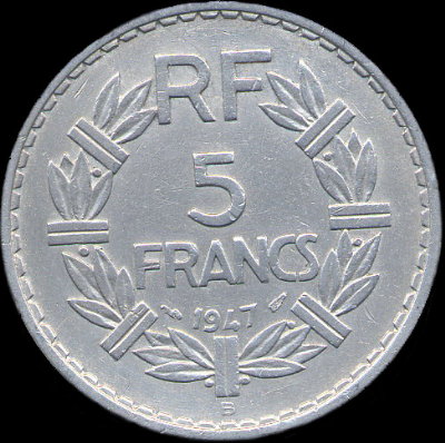 Variante avec 9 de la date ferm� sur 5 francs Lavrillier 1947B