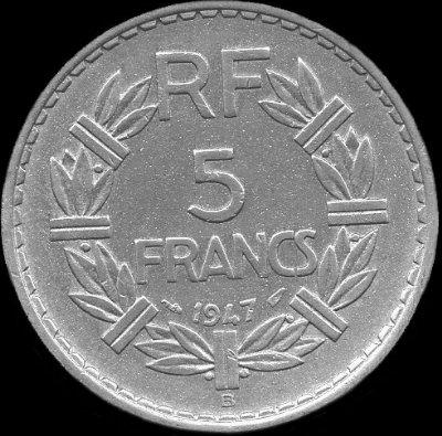 Variante avec 9 de la date ouvert sur 5 francs Lavrillier 1947B