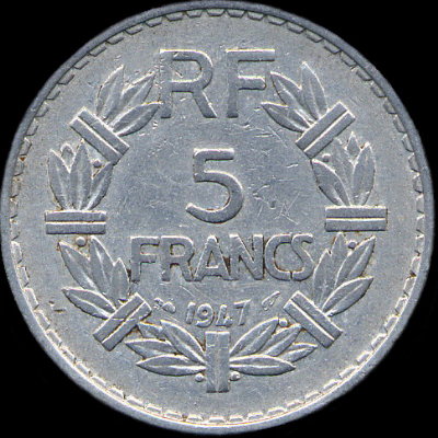 Variante avec 9 fermé sur 5 francs Lavrillier aluminium 1947