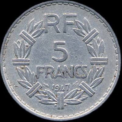 Variante avec 9 ferm� sur 5 francs Lavrillier aluminium 1947