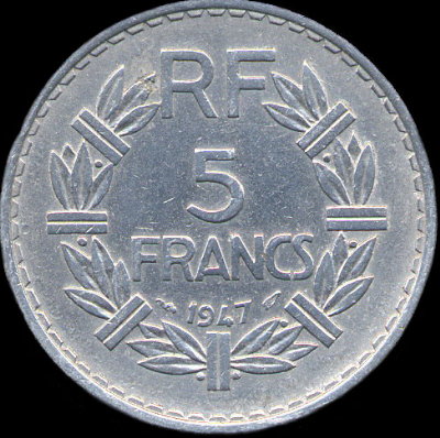 Variante avec 9 ouvert sur 5 francs Lavrillier aluminium 1947