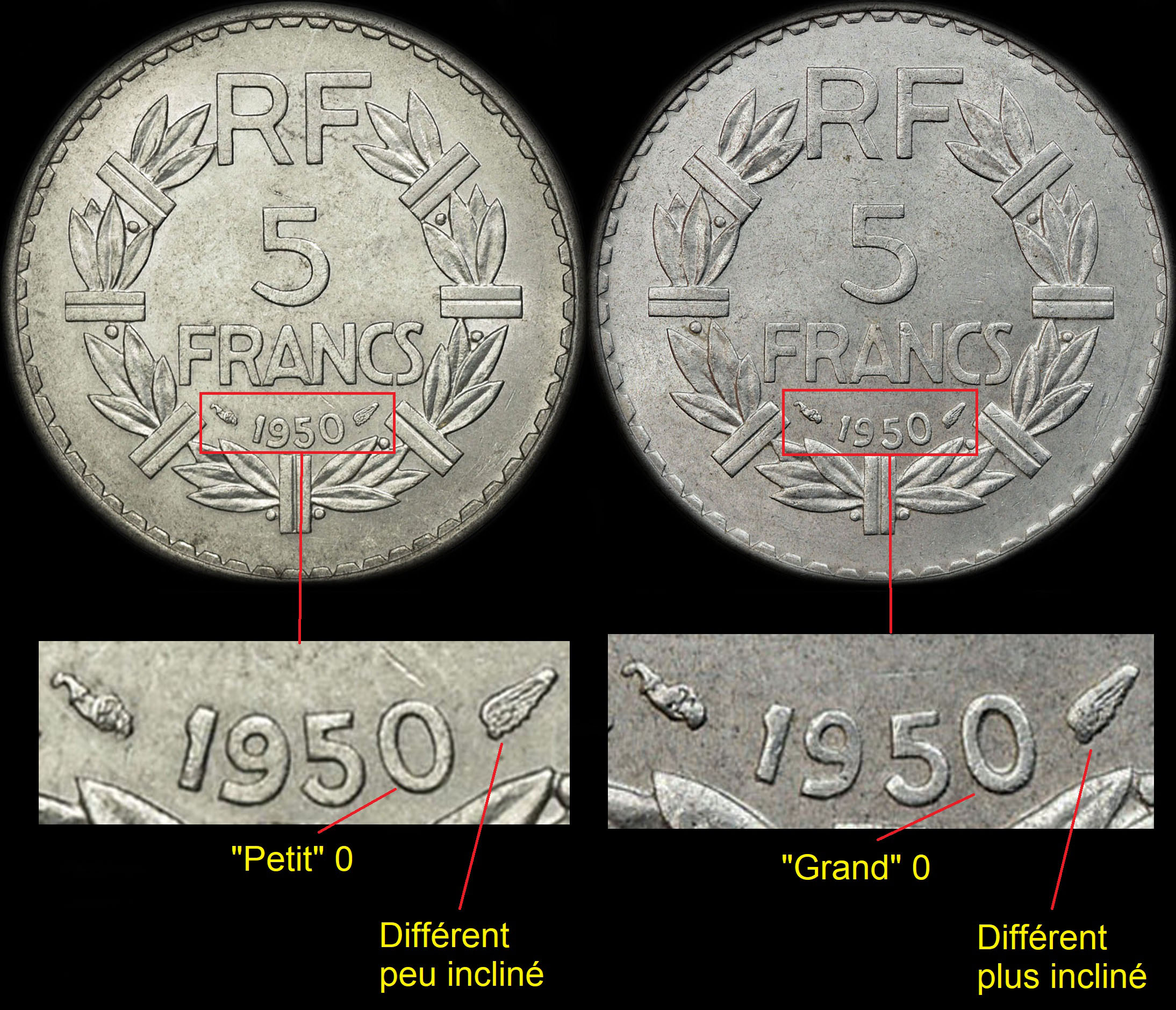 Variante petit 0 ou grand 0 de 5 francs Lavrillier 1950