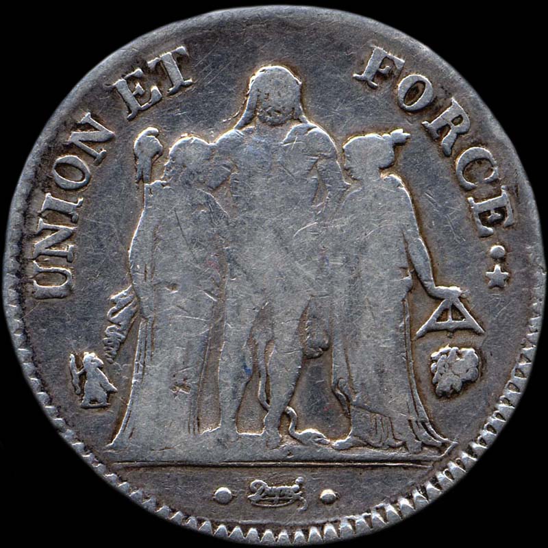 Variante An 8 sur 6 et L sur A de 5 francs Union et Force - avers