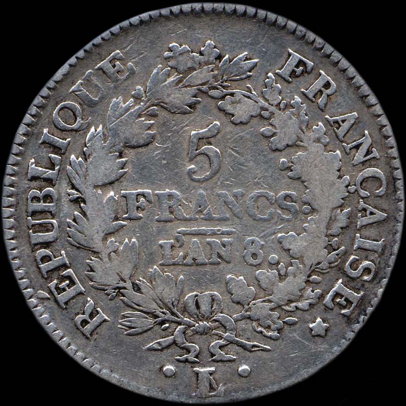 Variante An 8 sur 6 et L sur A de 5 francs Union et Force - revers