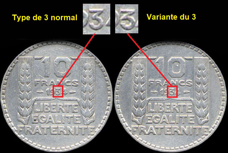 Variante du 3 du millésime de la pièce de 10 francs Turin 1934.