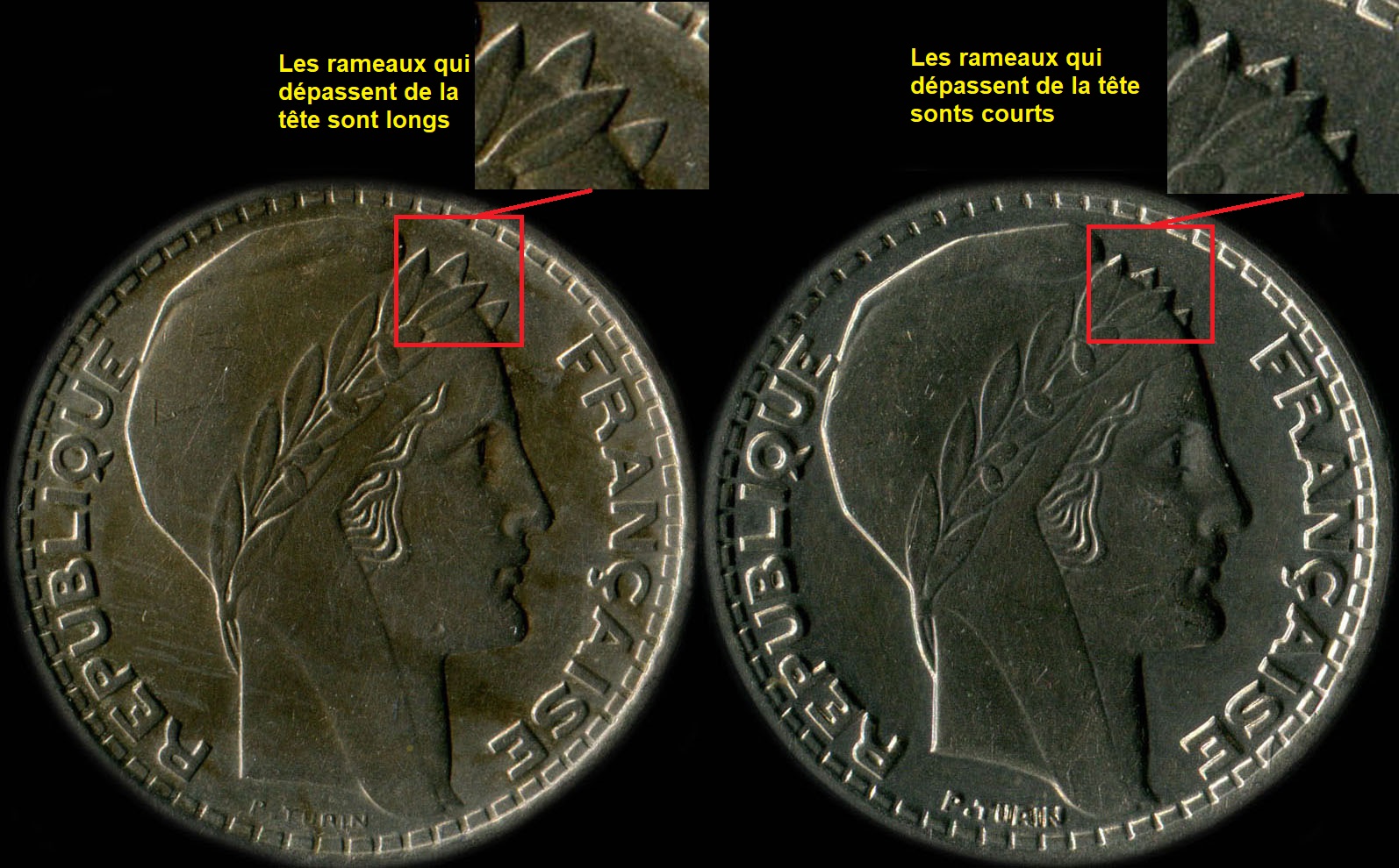 Variantes rameaux courts / rameaux longs de la pice de 10 francs Turun 1945, 1946 et 1946B