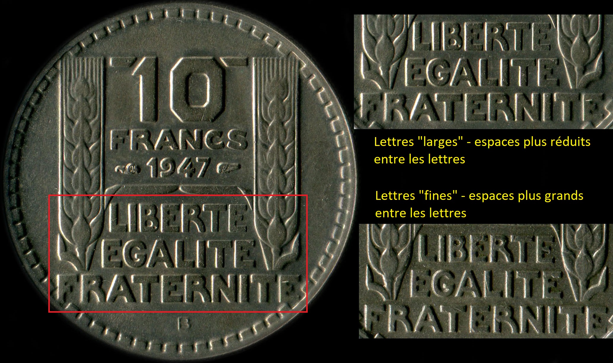 Variante caract�res larges ou fins de 10 francs Turin 1947 et 1947B
