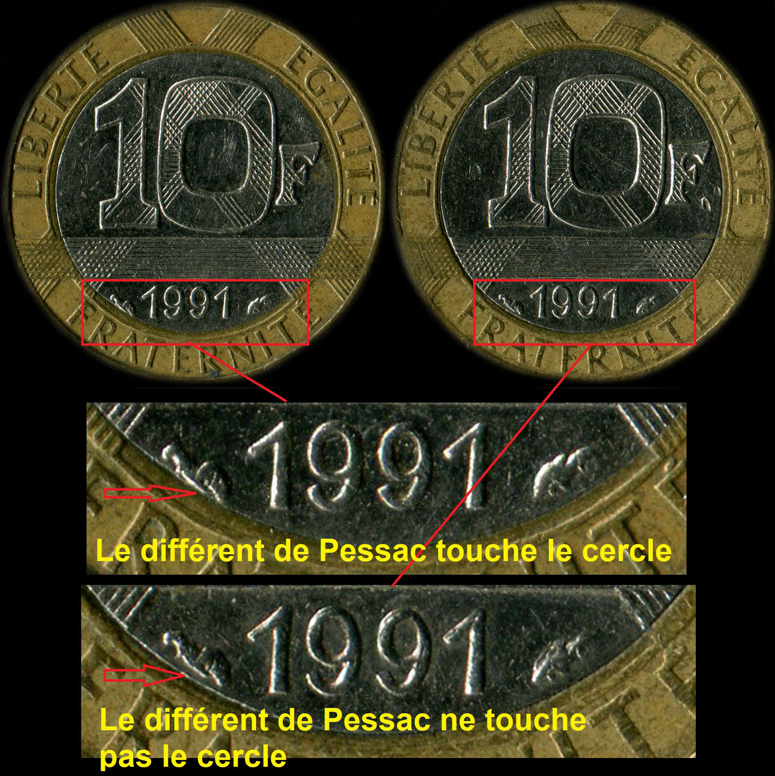 Variante diff�rent de Pessac touche ou pas le cercle sur 10 francs G�nie 1991