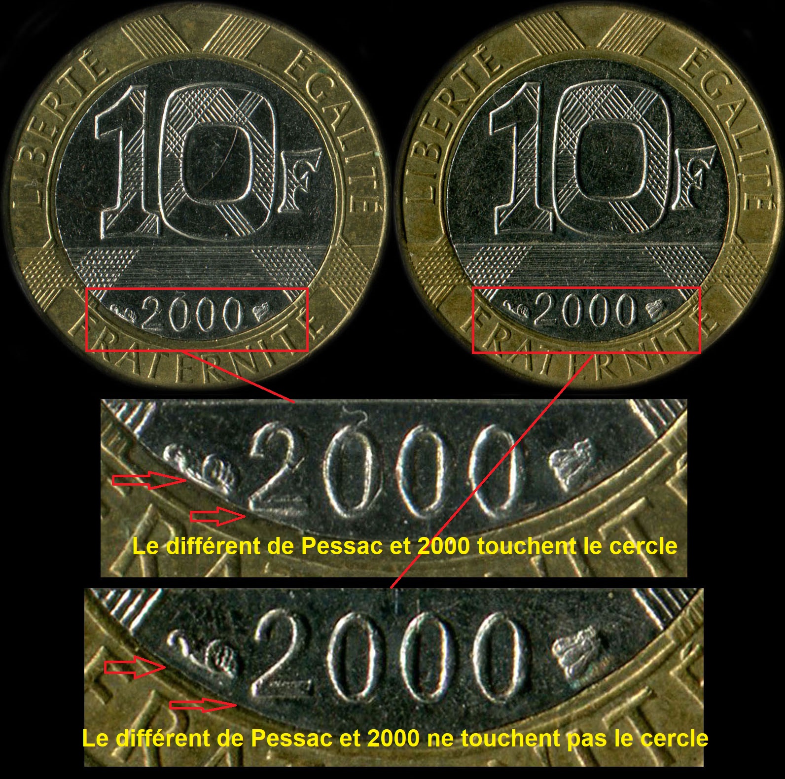Variante différent de Pessac touche ou pas le cercle sur 10 francs Génie 2000