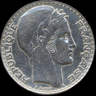 20 francs Turin argent 19333 avec rameaux longs