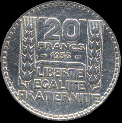 20 francs Turin argent 1933 avec 33 décalé vers le haut par rapport à 19