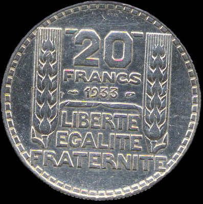 20 francs Turin argent 1933 avec 33 d�cal� vers le haut par rapport � 19