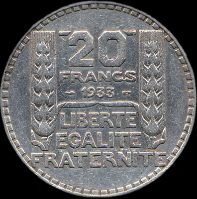 20 francs Turin argent 1933 avec 33 normal aligné avec 19