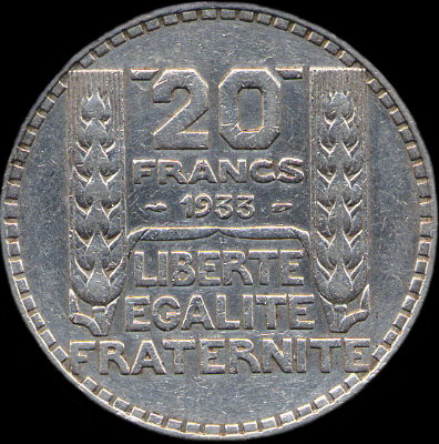 20 francs Turin argent 1933 avec 33 normal align� avec 19