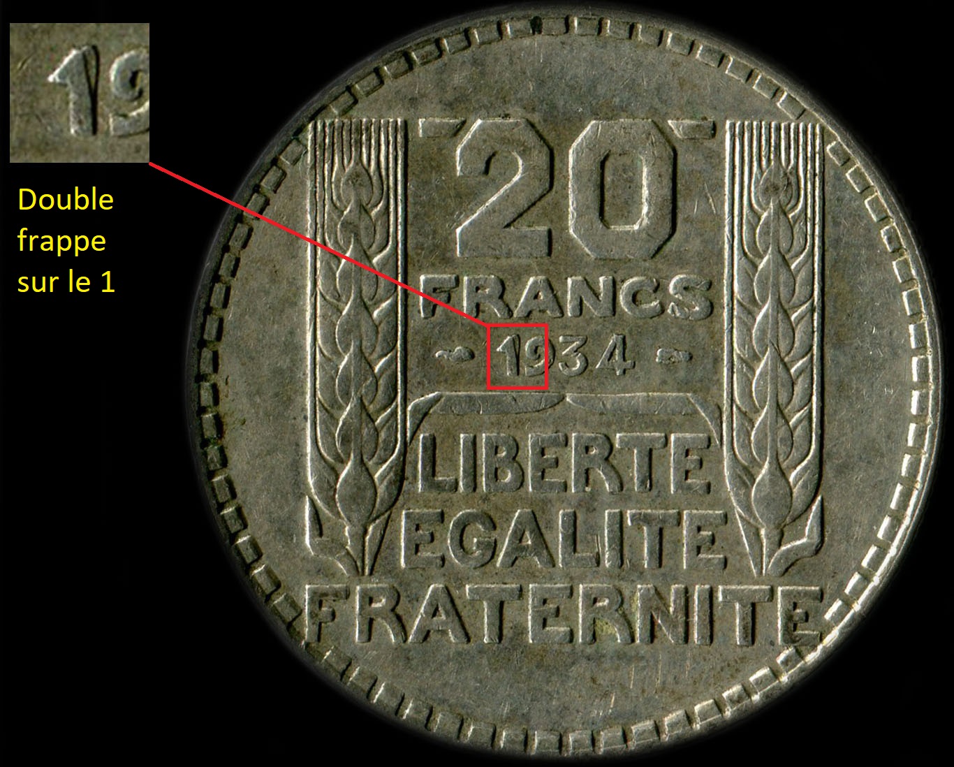 Variante avec double frappe sur le 1 de la pièce de 20 francs Turin 1934